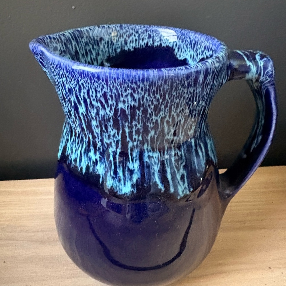 Handcrafted Blue Ceramic Pitcher with Aqua Drip Glaze
